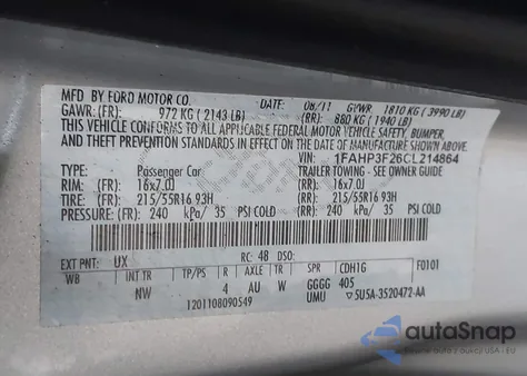 2012 Ford Focus Se z USA, uszkodzony, nr VIN 1FAHP3F26CL214864